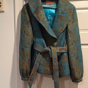 Elegant Teal Floral Women's short coat 100% wool with silk lining